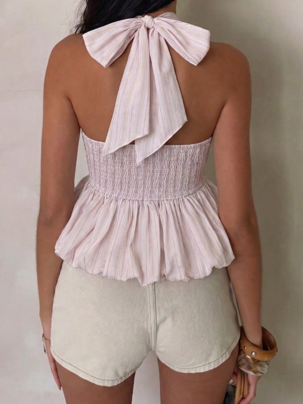 Multicolor Striped Halter Women's Backless Sleeveless Top with Metal Buckle - Picture 2 of 6
